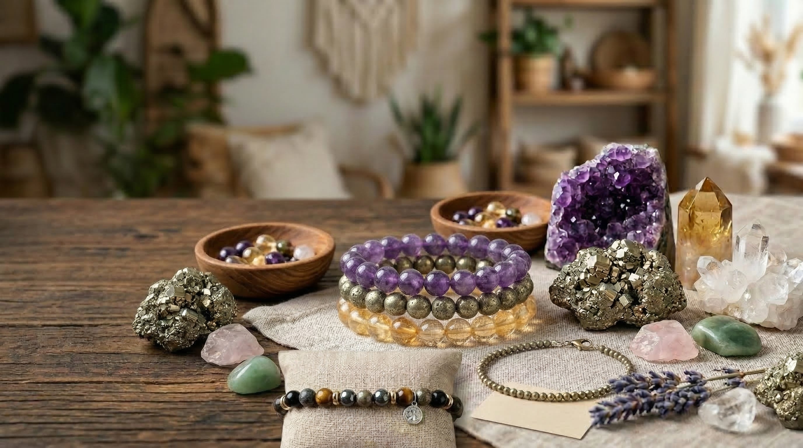 Decorative display of crystals and bracelets on a wooden table with a bohemian-style room in the background.