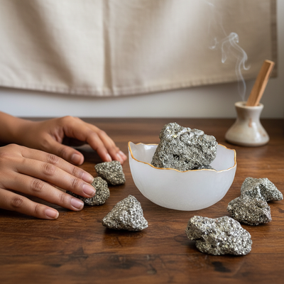 Selenite Bowl with Raw Pyrite Cluster
