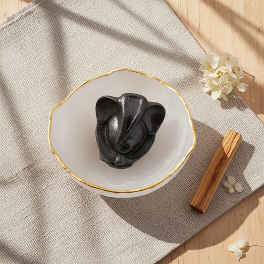 Selenite Bowl with Pyrite Ganeshji